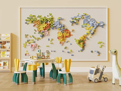 Kids Table Setup In Playroom With World Map Wall Art 3d model