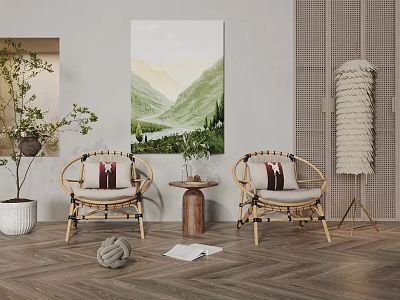 Wicker Single Chair With Cushion In Living Room Interior With Landscape Painting And Plant 3d model
