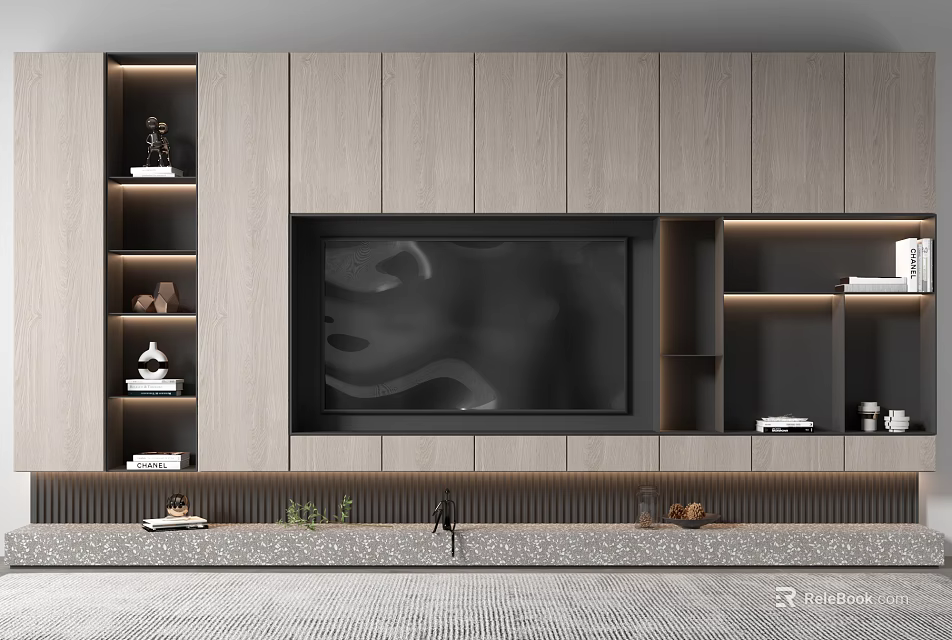 Light Wood TV Wall Unit Design With Built-in TV Open Shelves And Decorative Accents 3d model 