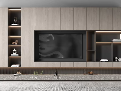 Light Wood TV Wall Unit Design With Built-in TV Open Shelves And Decorative Accents 3d model