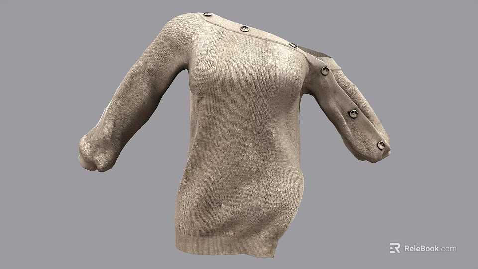 Stylish Beige Knitted Off Shoulder Sweater With Decorative Buttons On Sleeves 3d model 