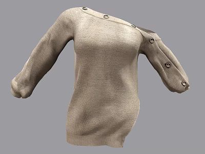 Stylish Beige Knitted Off Shoulder Sweater With Decorative Buttons On Sleeves 3d model