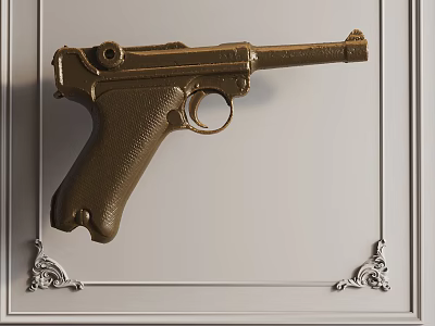 Golden Classic Pistol Weapon Displayed On Decorative Framed White Background With Vintage Metal Design 3d model