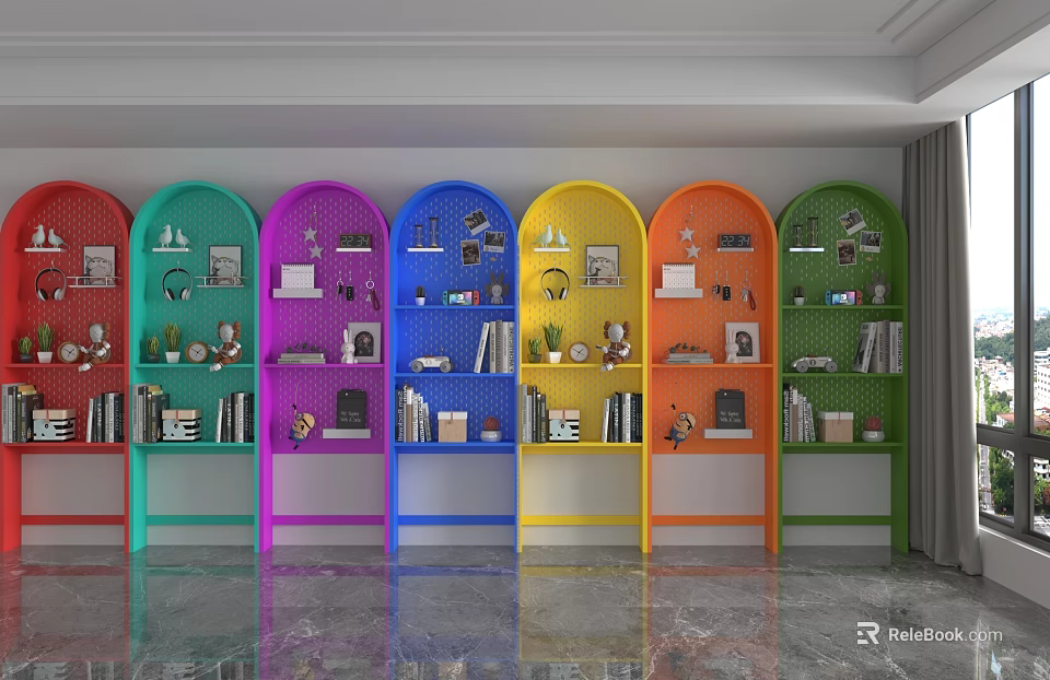 Colorful Arched Shelving Units with Decorations Books and Photo Frames in Modern Room 3d model 
