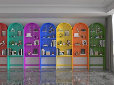Colorful Arched Shelving Units with Decorations Books and Photo Frames in Modern Room 3d model