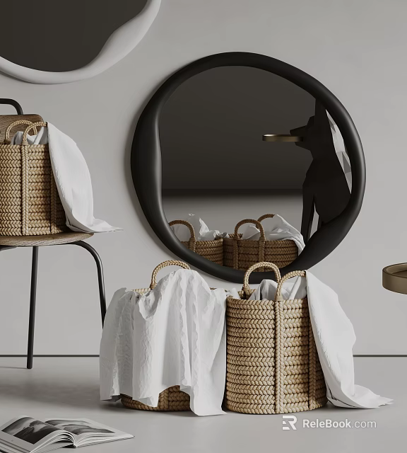 Laundry Area With Wicker Baskets White Towels And Round Mirror 3d model 