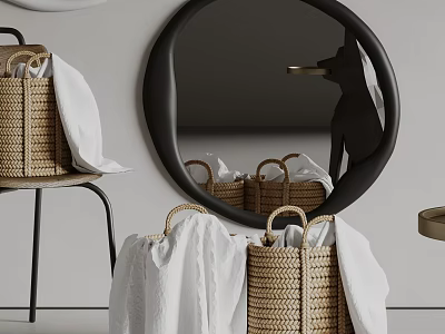 Laundry Area With Wicker Baskets White Towels And Round Mirror 3d model