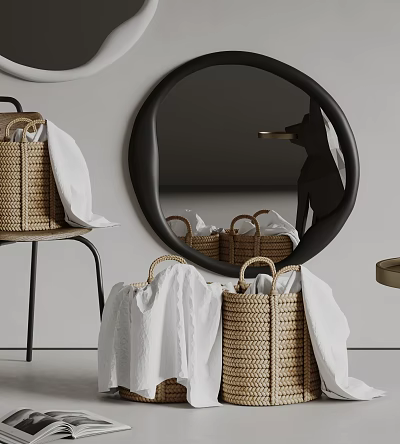 Laundry Area With Wicker Baskets White Towels And Round Mirror 3d model