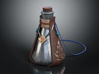 Decorative Bottle With Brown Leather Embossed Strap And Metallic Finish 3d model