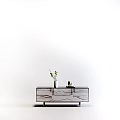 Modern TV Stand With Gold Frame Black Top White Drawers Red Flowers And Decorations