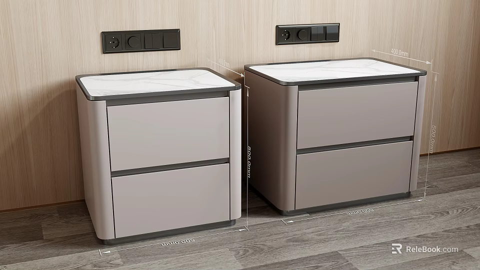 Modern Light Gray Bedside Tables With Drawers And Marble Top 400mm Width Against Wooden Wall 3d model 