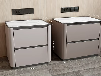 Modern Light Gray Bedside Tables With Drawers And Marble Top 400mm Width Against Wooden Wall 3d model