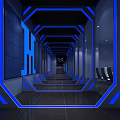 Futuristic Cybercafe Interior With Blue LED Lighting And Modern Corridor Design