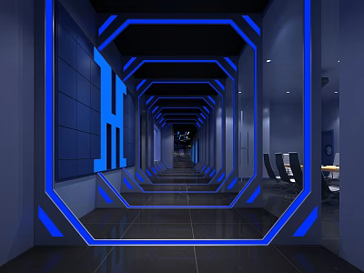 Futuristic Cybercafe Interior With Blue LED Lighting And Modern Corridor Design 3d model