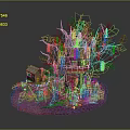 Detailed Miniature Treehouse Model With Small Cabin Moss Vines Branches And Base