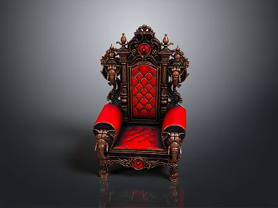 Ornate Antique Luxury Chair Featuring Red Upholstered Diamond Pattern And Carved Wooden Frame 3d model
