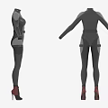 Black Tight Fitting Jumpsuit With Red Lines Belt Pockets And Red High Heels