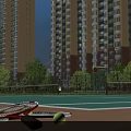 Tennis Court With Tall Residential Buildings People Playing Tennis Foreground Rackets Ball Water Bottle