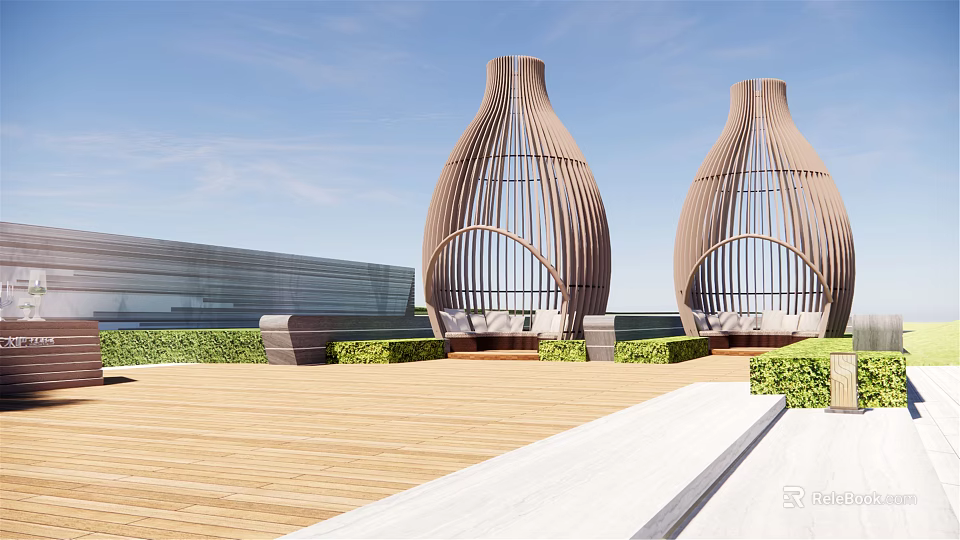 Vase Shaped Wooden Pergolas with Striped Design on Wooden Deck Greenery and Modern Building 3d model 