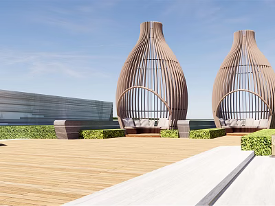Vase Shaped Wooden Pergolas with Striped Design on Wooden Deck Greenery and Modern Building 3d model