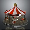 Kids Carousel With Red And White Striped Tent Golden Top And Decorative Horses