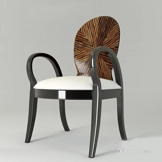 Elegant Armchair With Striped Wooden Backrest Black Curved Armrests And White Padded Seat 3d model 
