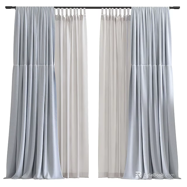 Elegant Light Blue And White Curtains Pleated Design With Double Layer For Home 3d model 