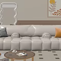 Modern White Sofa And Round Coffee Table Set With Decorative Pillows And Rug