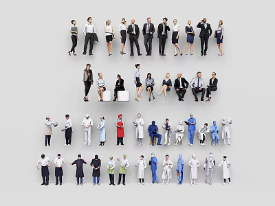 Diverse Group of People in Various Professional Uniforms Standing and Sitting 3d model