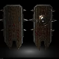 Two Medieval Wooden Shield Weapons With Metal Spikes Red Decorative Patterns And Ornate Details