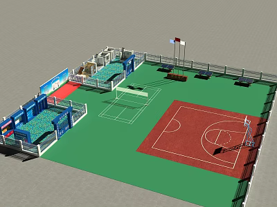Basketball Gymnasium Featuring Red Court Green Floor Basketball Hoop Fencing And Seats 3d model