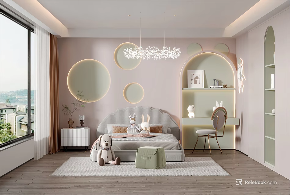 Warm Kids Room Interior Design With Pink Walls Circular Decor Lights And Stuffed Toys 3d model 