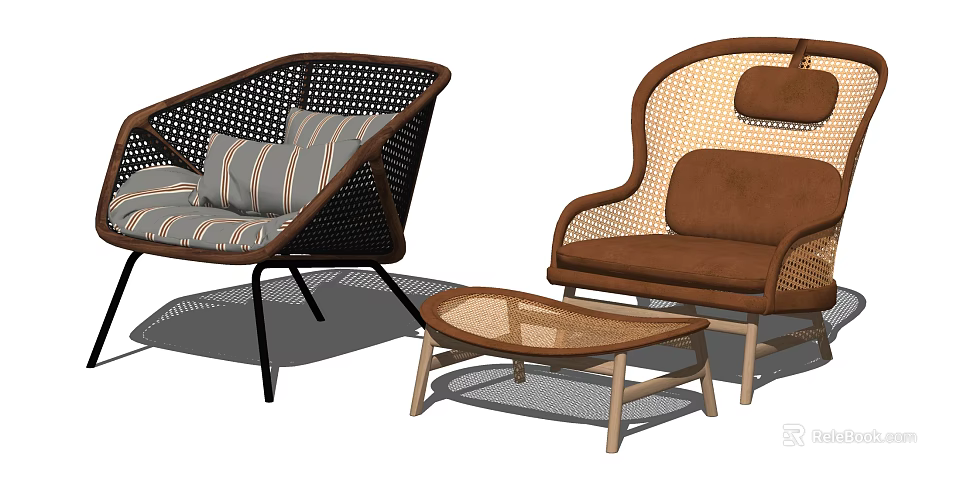 Modern Leisure Chairs with Woven Brown and Black Frames Striped Cushions and Wooden Coffee Table 3d model 