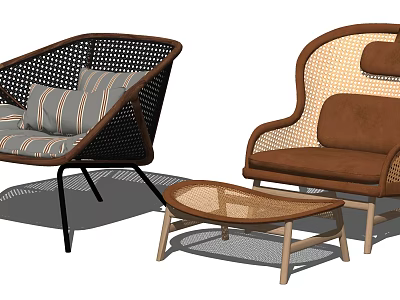 Modern Leisure Chairs with Woven Brown and Black Frames Striped Cushions and Wooden Coffee Table 3d model