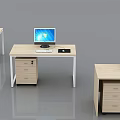 Modern Office Desks Light Wood Finish With Drawer Cabinets and Computer Monitors Setup