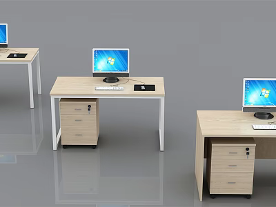 Modern Office Desks Light Wood Finish With Drawer Cabinets and Computer Monitors Setup 3d model