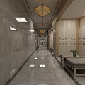 Serene SPA Sauna Locker Room With Wooden Lockers Marble Floor And Chinese Lantern Decorations