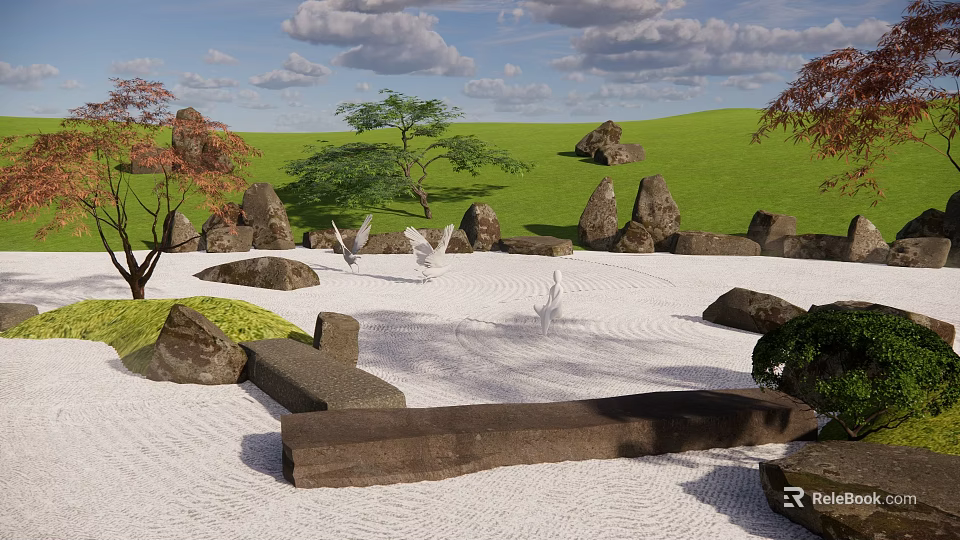 Serene Indoor Zen Landscape With White Gravel Rocks Maple Trees And Bird Sculptures 3d model 