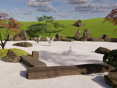 Serene Indoor Zen Landscape With White Gravel Rocks Maple Trees And Bird Sculptures 3d model