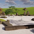 Serene Indoor Zen Landscape With White Gravel Rocks Maple Trees And Bird Sculptures