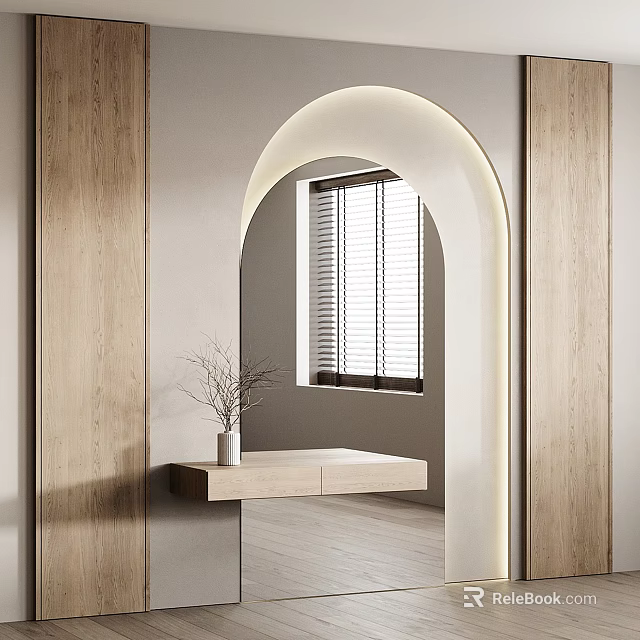 Modern Entryway Hallway With Wooden Walls Arched Lit Doorway Window Blinds And Wooden Console Table 3d model 