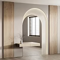 Modern Entryway Hallway With Wooden Walls Arched Lit Doorway Window Blinds And Wooden Console Table