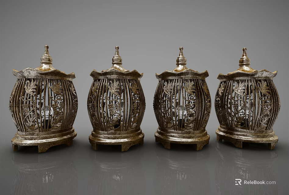 Four Silver Metal Ornamental Decor Set With Intricate Carved Cage Design 3d model 