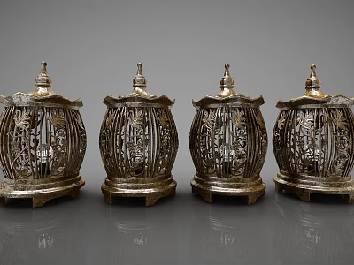 Four Silver Metal Ornamental Decor Set With Intricate Carved Cage Design 3d model