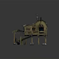 Unique Wooden Elevated Building Structure With Staircase Flag And Decorative Lanterns