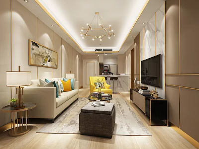 Elegant Modern Living Room Interior With Beige Sofa Yellow Armchair Area Rug And Chandelier 3d model