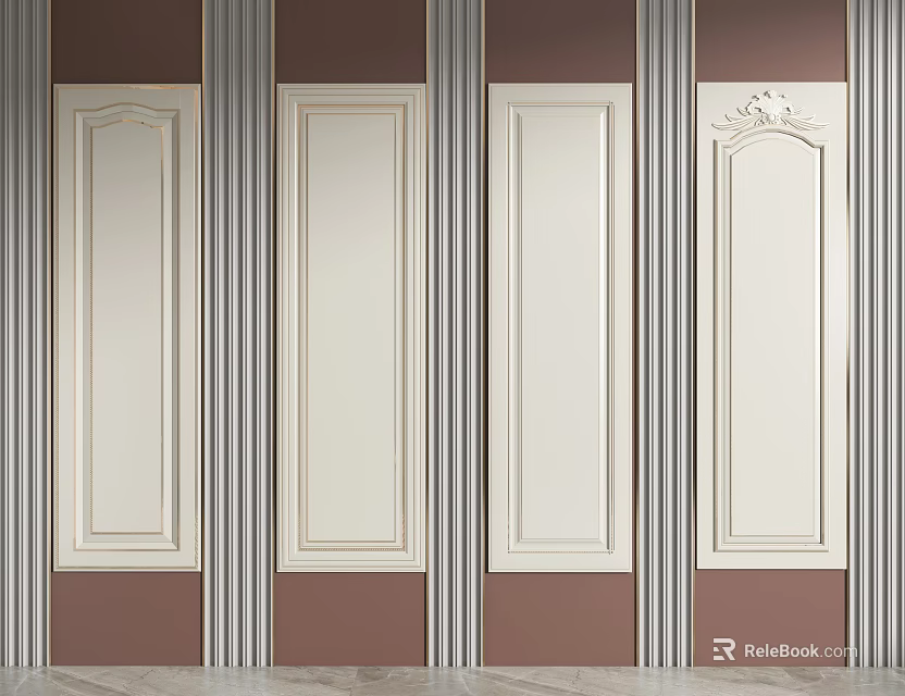 Elegant Decorative Wall Panels With Vertical Striped Background Beige Frames And Carved Details 3d model 