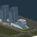 Modern Office Building Complex With Multiple Towers And Waterfront Road Access 3d model