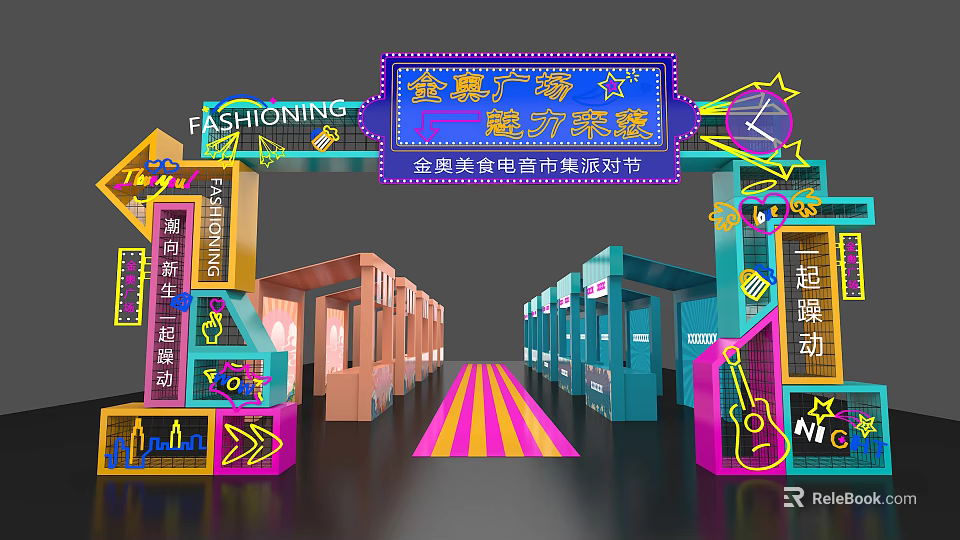 Vibrant Shopping Mall Event With Neon Lights Beauty Music Festival Trendy Lifestyle And Colorful Decorations 3d model 