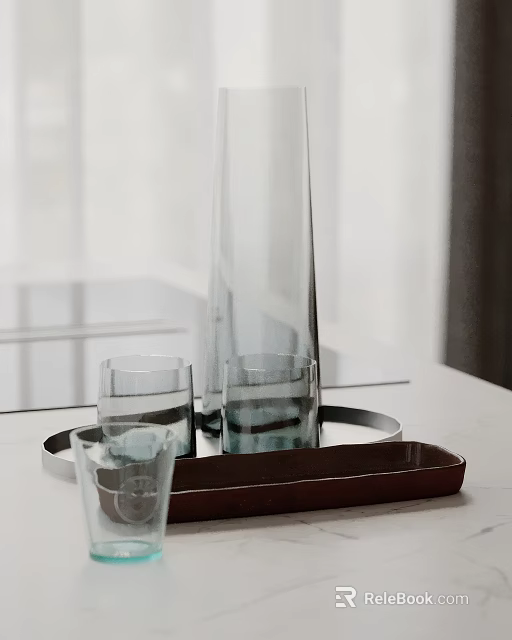 Modern Glass Decorative Ornament Set With Tray And Vases For Tabletop Decoration 3d model 